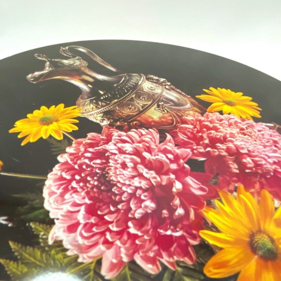 Vintage Round Cookie Candy Metal Tin Container Flowers and Coffee Tea Pot - Picture 3 of 6